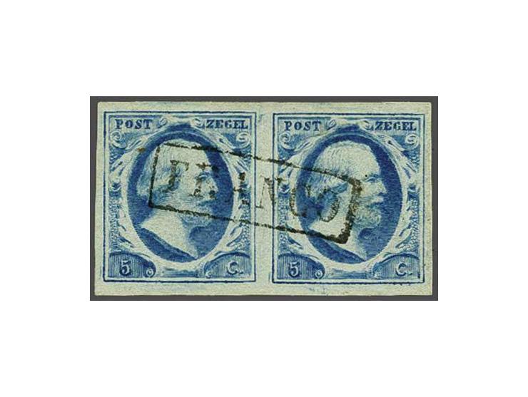 5 cent blauw plaat VI pos. 17-18 op dik papier in paar, pracht ex.