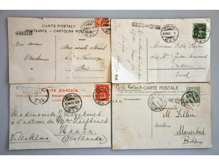 ca. 85 prentbriefkaarten met treinstempels veelal in combinatie met langstempels in klein album