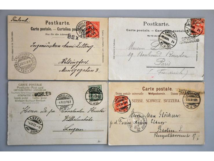 ca. 85 prentbriefkaarten met treinstempels veelal in combinatie met langstempels in klein album