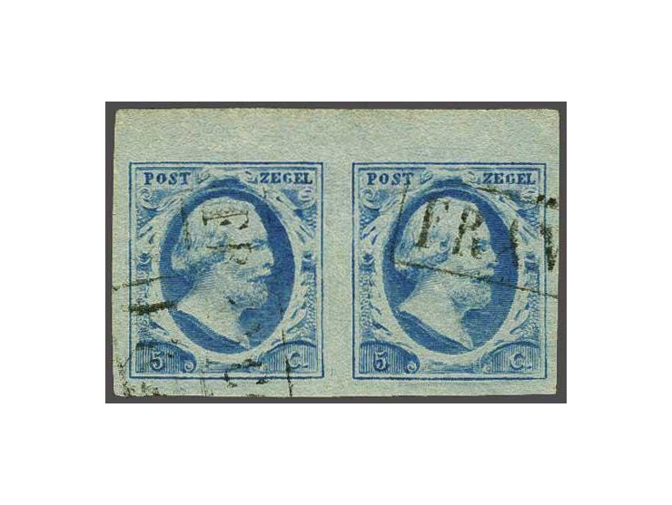 5 cent blauw plaat VI pos. 76-77 op dun papier in paar met velrand, pracht ex.