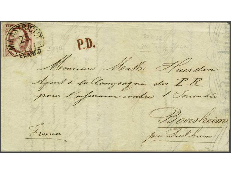 10 cent karmijn plaat I pos. 98 op vouwbrief van Maastricht 25-11-1855 via Tongeren naar Boorsheim in België (thans Boorsem i