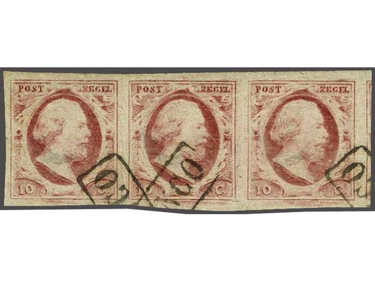 10 cent rood plaat X pos. 81-83 op dun papier in strip van 3, pracht ex.