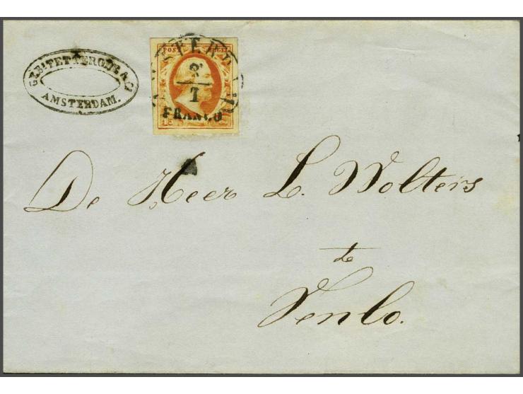 15 cent donkeroranje pos. 96 op briefomslag van Amsterdam 8-1-1853 naar Venlo, fris pracht ex.