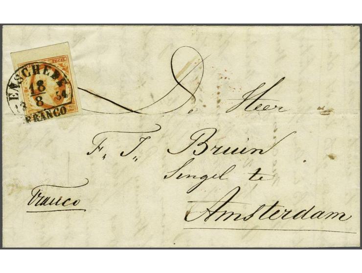 Enschede B (Ey 250) op 15 cent donkeroranje pos. 55 met velrand op vouwbrief 18-8-1854 naar Amsterdam, pracht ex.