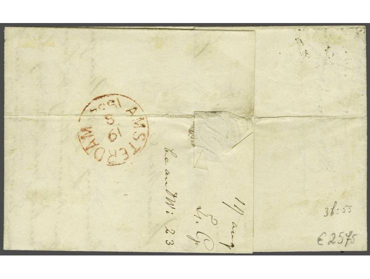 Enschede B (Ey 250) op 15 cent donkeroranje pos. 55 met velrand op vouwbrief 18-8-1854 naar Amsterdam, pracht ex.