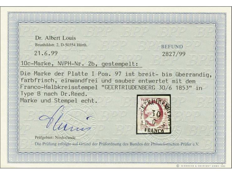 Geertruidenberg B (Ey 300) op 10 cent karmijn plaat I pos. 97, pracht ex. met certificaat Dr. Louis 1999