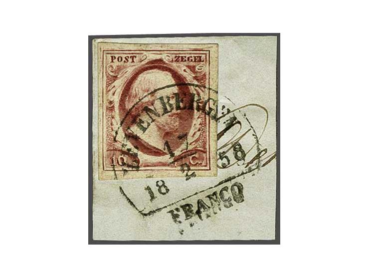 Zevenbergen B (Ey 175) op 10 cent rood plaat IV pos. 52 op fragment, pracht ex. met certificaat Dr. Louis 1989