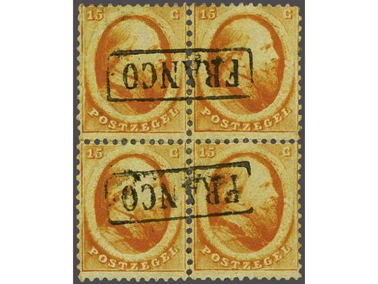 15 cent oranje Utrechtse druk in blok van 4, pracht ex. (hoektandvouwtje) met certificaat Dr. Louis 2005, cat.w. 3400