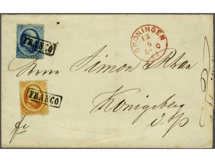 5 cent blauw en 15 cent oranje op briefomslag van Groningen 13-6-1865 via Münster naar Königsberg (Oost-Pruissen), pracht ex.