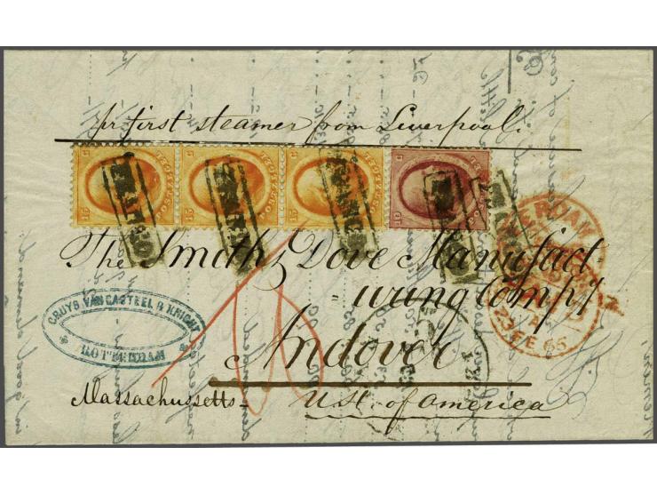 10  cent rood en 15 cent oranje in verticale strip van 3 op vouwbrief van Rotterdam 22-2-1865 over Londen en Liverpool naar A