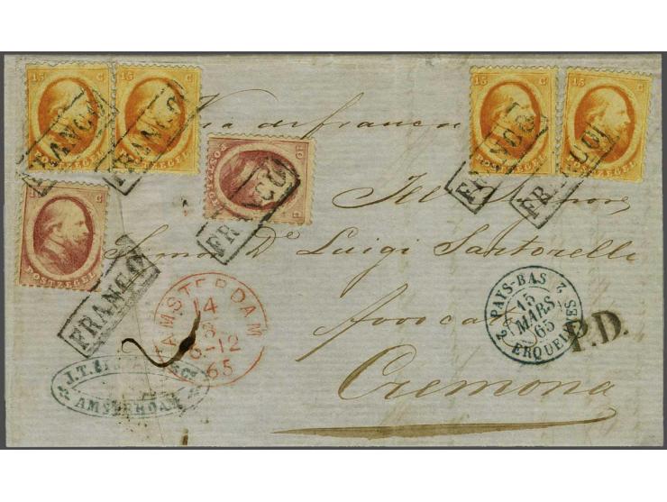 10 cent rood (2x) en 15 cent oranje (4x) op briefomslag van Amsterdam 14-3-1865 via Erquelines en Turijn naar Cremona (I). Ju