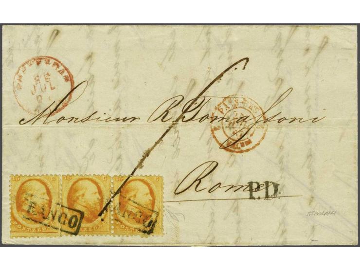 15 cent oranje (3x w.b. paar) op vouwbrief van Amsterdam 22-7-1865 via Valenciennes naar Rome, vrijwel pracht ex. (rechterzeg