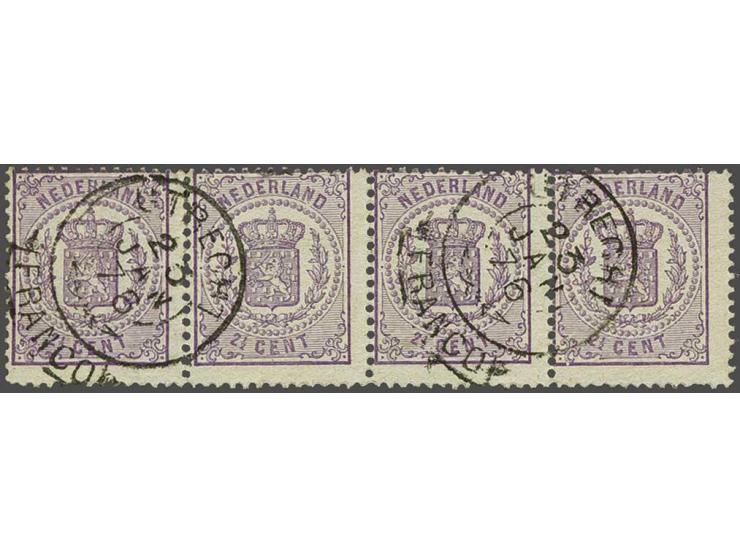 2½ cent violet tanding 13¼ grote gaten in strip van 4, pracht ex. (beide buitenste zegels miniem korter tandje), cat.w. 360+