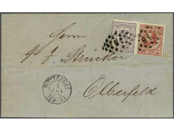 2½ cent violet en Willem III 10 cent rood op complete vouwbrief van Rotterdam naar Elberfeld Duitsland, in eerste instantie w