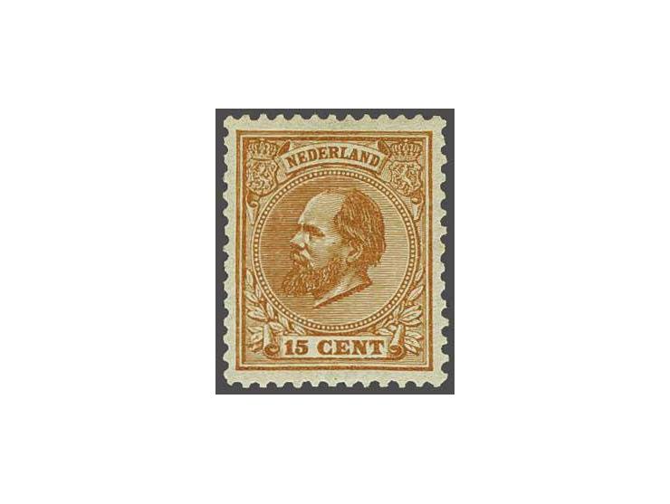 15  cent oranjebruin tanding 12½ x 12 grote gaten, pracht ex. gesigneerd Ferchenbauer en met certificaat Vleeming 2013, cat.w