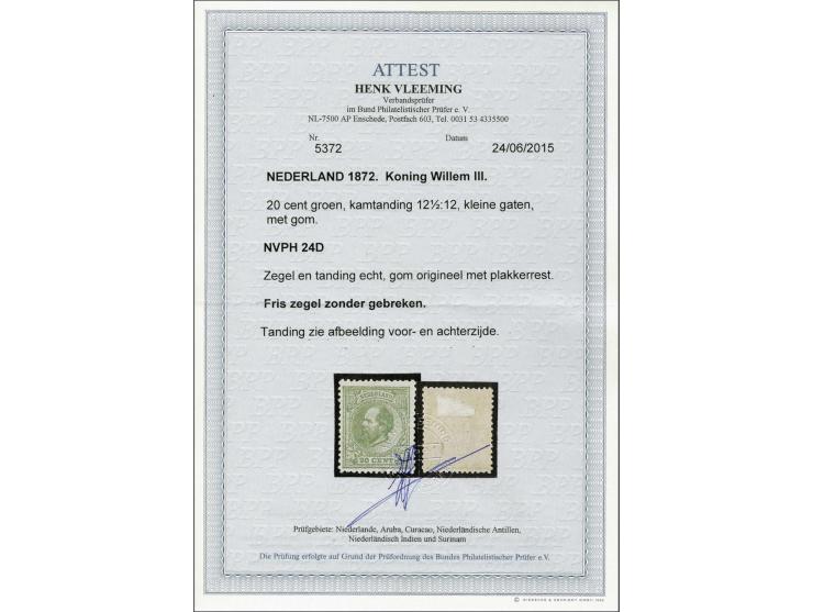 20 cent groen tanding 12½ x 12 kleine gaten, pracht ex. met certificaat Vleeming 2015, cat.w. 850