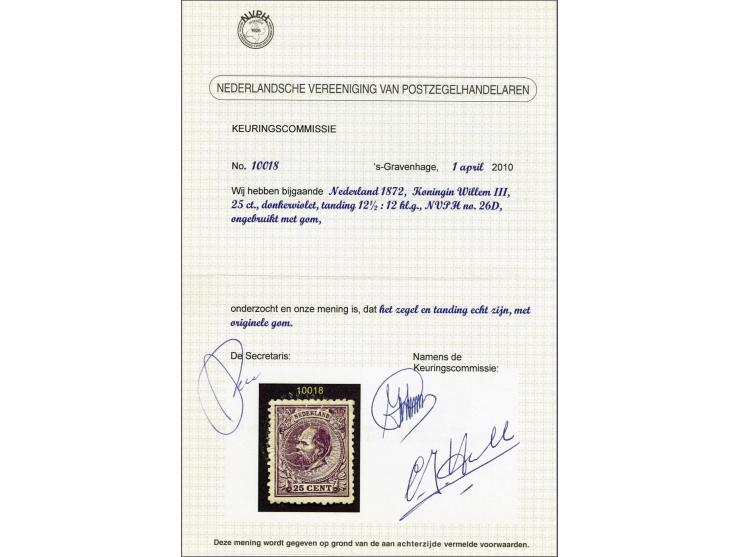 25 cent violet tanding 12½ x 12 kleine gaten, pracht ex. met certificaat NVPH 2010, cat.w. 900