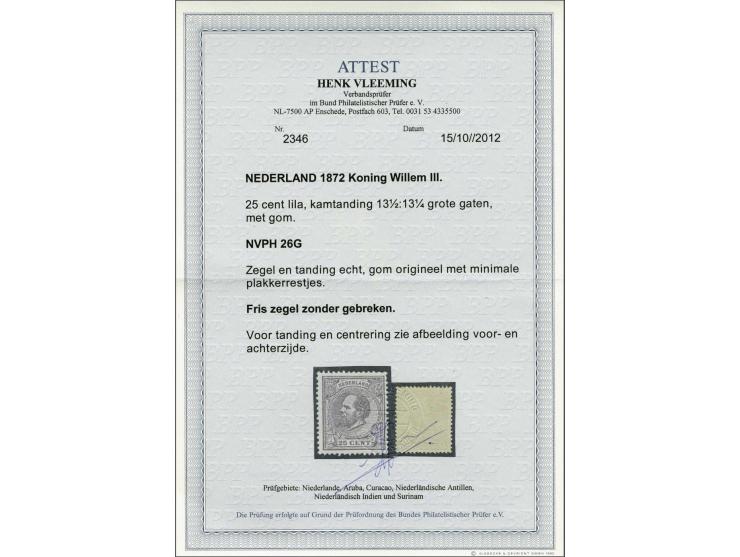 25 cent violet tanding 13½ x 13¼ grote gaten, pracht ex. met certificaat Vleeming 2012, cat.w. 1000