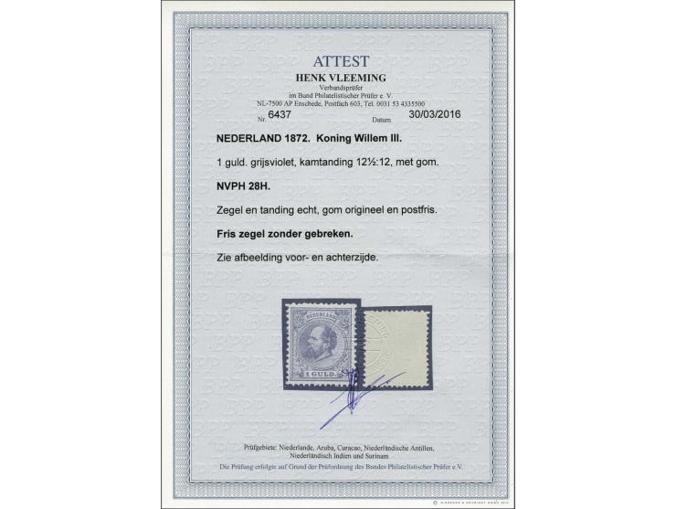 1 gulden grijsviolet tanding 12½ x 12 grote gaten met certificaat Vleeming 2016, cat.w. 2500