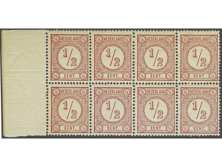 ½ cent roze tanding 13½ x 13¼ plaat 4 pos. 161-164 en 171-174 in blok van 8 met velrand. Posities 171-172 zijn type II met la