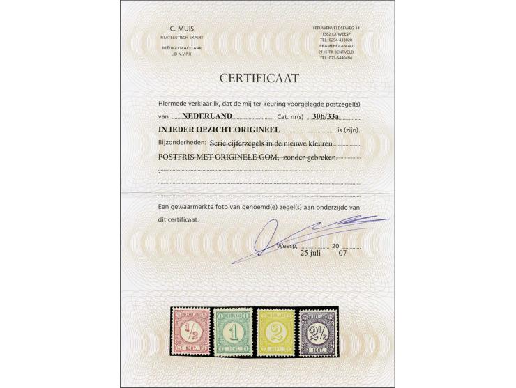 ½ t/m 2½ cent nieuwe kleuren met certificaat Muis 2007, 2 cent miniem plakkerspoortje (niet op attest vermeld), cat.w. 240