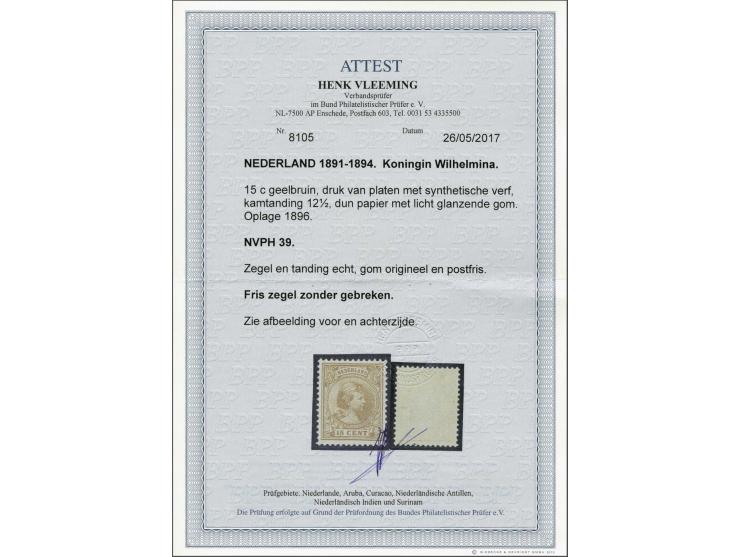 15 cent geelbruin met certificaat Vleeming 2017, cat.w. 500