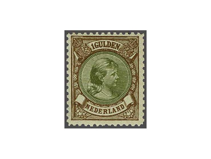 1 gulden bruin en olijfgroen tanding 11½ x 11 met certificaat Vleeming 2015, cat.w. 1250