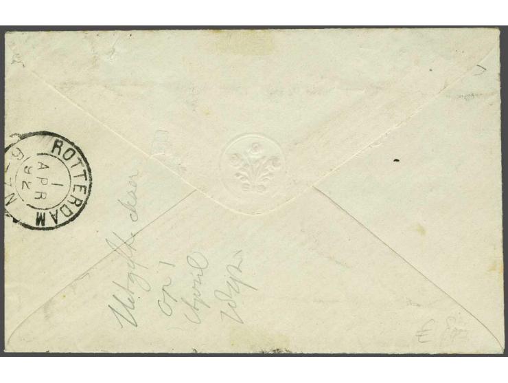 3 cent oranje op kleinformaat envelop lokaal te Rotterdam 1-4-1892 (eerste dag van uitgifte!), pracht ex.