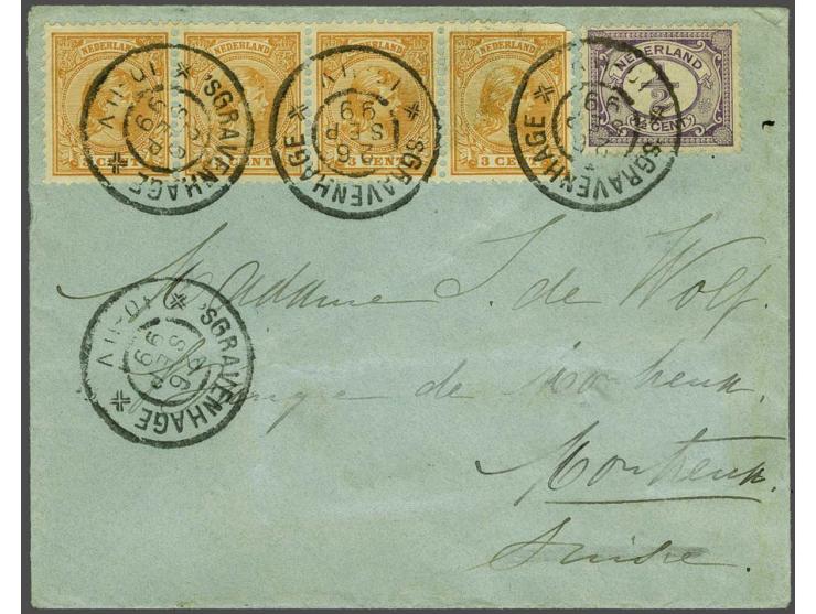 3 cent oranje in strip van 4 en Cijfer ½ cent lila op envelop van Den Haag 26-9-1899 naar Montreux (CH), fraai ex. (rechter n