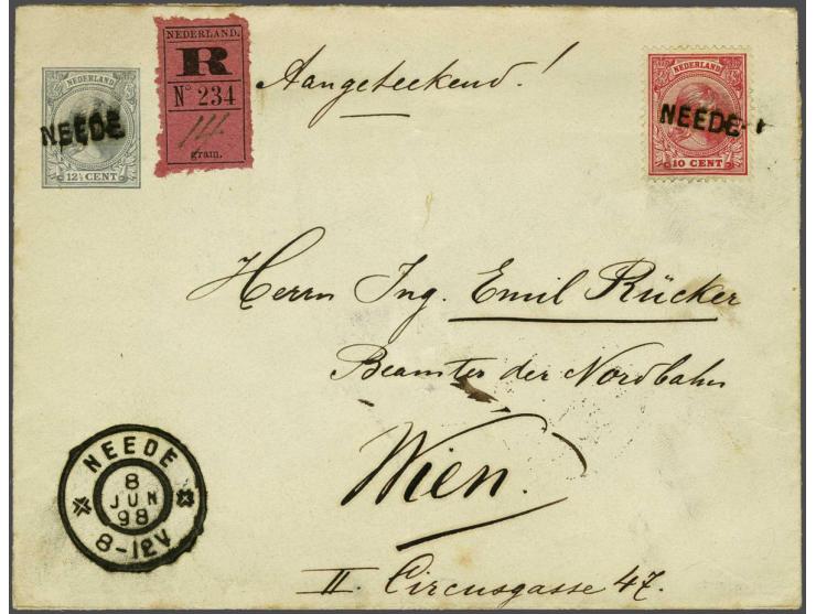 10 cent roze met langstempel Neede op aangetekende envelop G. 7 8-6-1898 naar Wenen, pracht ex.