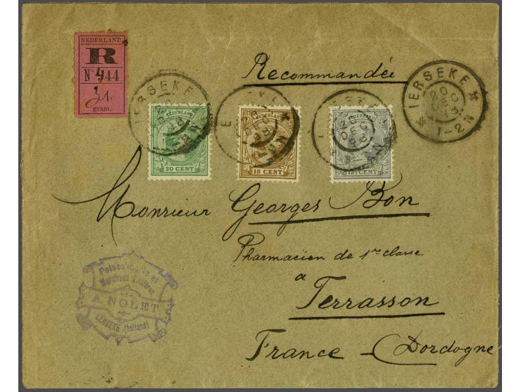 12½ cent grijs, 15 cent geelbruin en 20 cent lichtgroen op aangetekende envelop van Yerseke 20-12-1898 over Parijs naar Terra