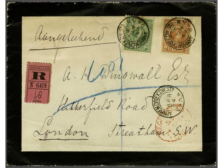 15 cent geelbruin en 20 cent lichtgroen op aangetekende envelop van Arnhem 8-4-1894 naar Londen, pracht ex. met certificaat D