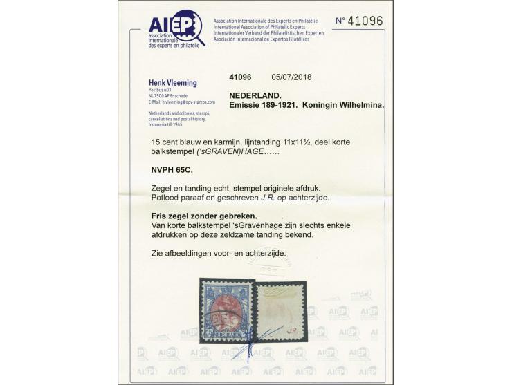 15 cent blauw en karmijn tanding 11 x 11½, pracht ex. met certificaat Vleeming 2018, cat.w. 725