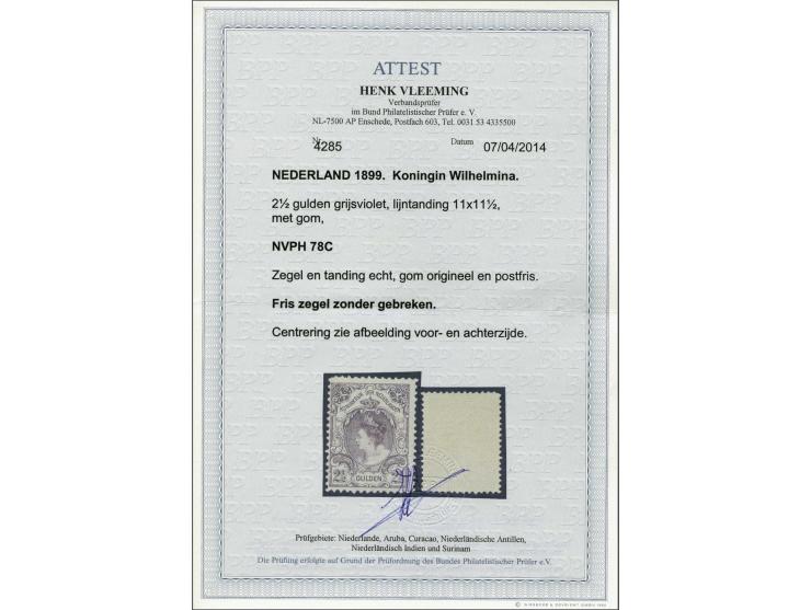 2½ gulden grijsviolet tanding 11 x 11½ met certificaat Vleeming 2014, cat.w. 375