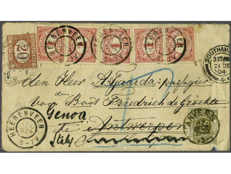 1 cent rood (5x) op zwerfbrief van Heerenveen  17-12-1904 naar Antwerpen alwaar onbestelbaar en beport en doorgezonden naar S