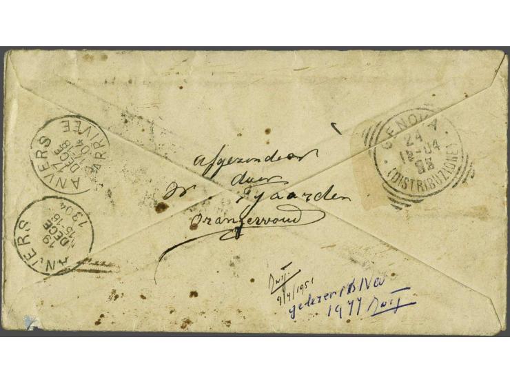 1 cent rood (5x) op zwerfbrief van Heerenveen  17-12-1904 naar Antwerpen alwaar onbestelbaar en beport en doorgezonden naar S