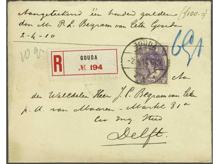 17½ cent violet op aangetekende envelop met aangegeven waarde van Gouda 2-4-1910 naar Delft, zeer fris pracht ex.