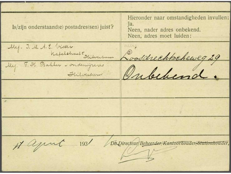 5 cent rood ongetand op navraag formulier MOD.NR 314C (links iets verkleind) Hilversum 11 IV 1931 naar Groningen voor navraag