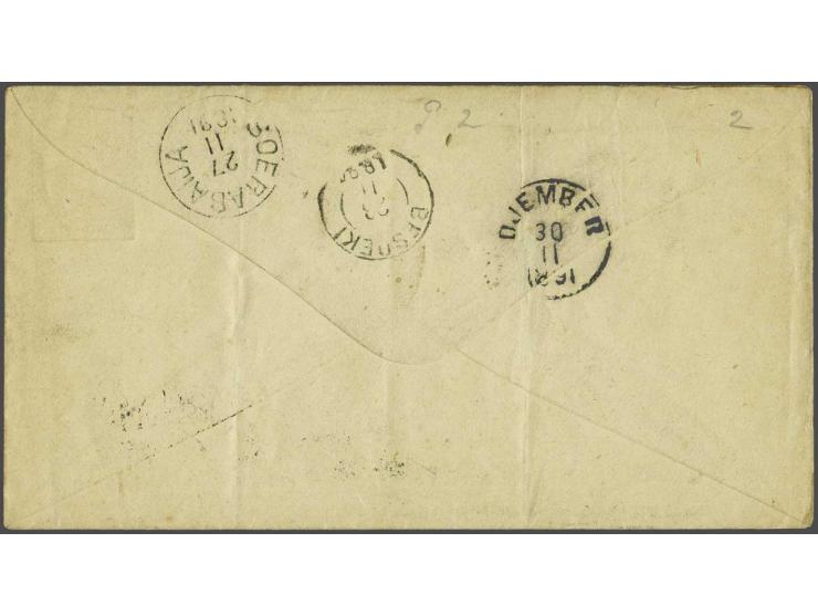 Envelop 12½ cent Willem III met 12½ cent Wilhelmina, puntstempel 33, als aangetekende brief Zutphen-Djember 26 oct.91, via So