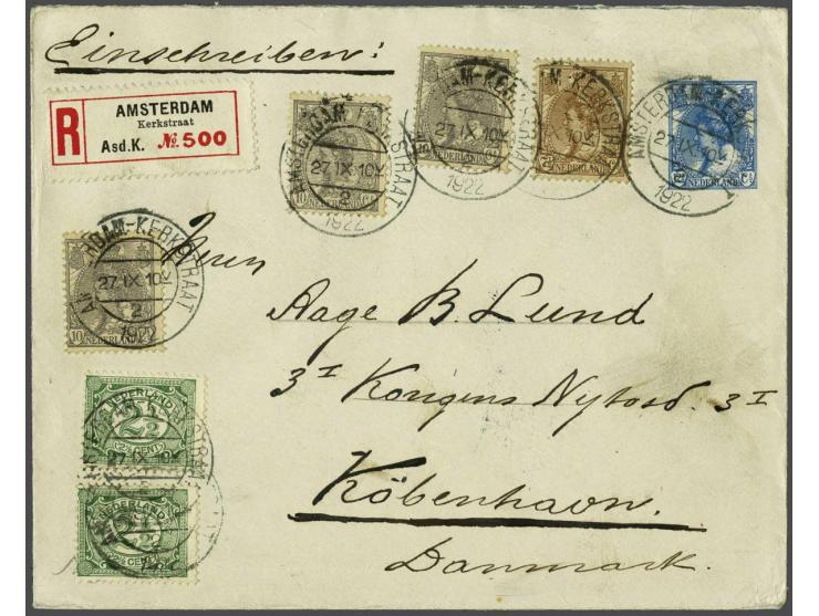 Envelop 12½ cent met gemarmerde binnenzijde en bijfrankering 2½ cent Vürtheim (2x) en 7½ en 10 cent (3x) Wilhelmina als 3e ge