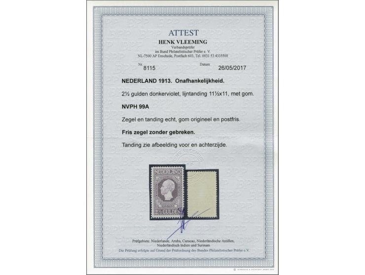 2½ gulden donkerviolet tanding 11½ x 11 met certificaat Vleeming 2017, cat.w. 475