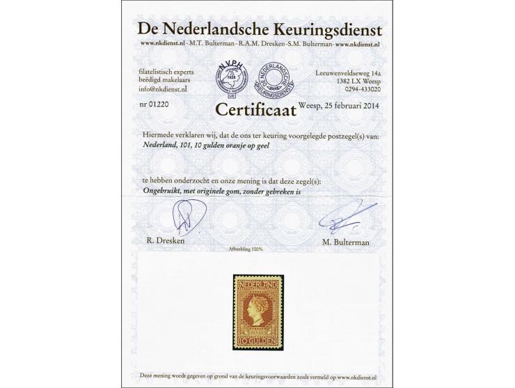 10 gulden roodoranje op geel, pracht ex. met certificaat NKD 2014, cat.w. 950