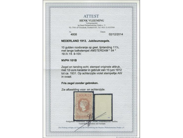 10 gulden roodoranje op geel, pracht ex. met certificaat Vleeming 2014, cat.w. 900