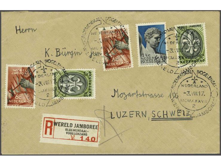 Wereldjamboree 5 cent (2x), 6 cent (2x) en 12½ cent op aangetekende envelop met speciaal stempel 3-8-1937 en het speciale str