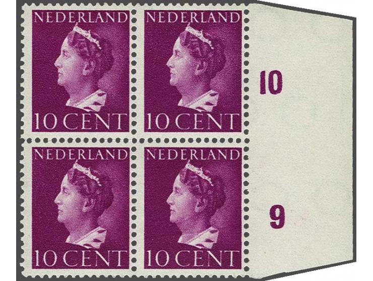 10 cent roodviolet met spiegeldruk in randblok van 4 ex. 