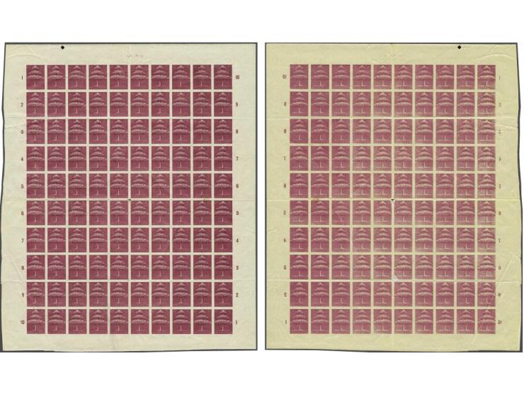 Driekronenboom 1½ cent purper met variëteiten geheel ongetand en volledige spiegeldruk op achterzijde in compleet vel van 100