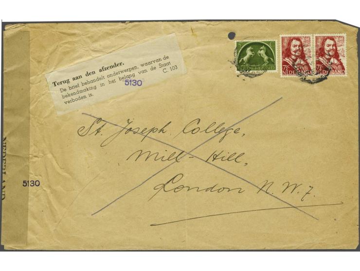 5 cent Germaanse symbolen en 7½ cent de Ruyter in paar op grootformaat envelop (perforatie gat) Amsterdam-London 18.VIII.1945