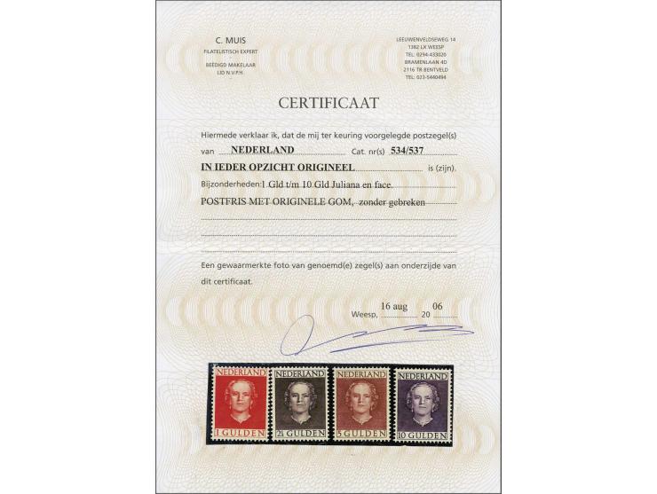 5 cent t/m 10 gulden met certificaat Muis 2006 voor nrs. 534-537, cat.w. 1480