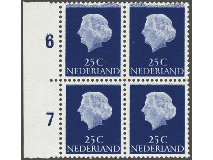 Juliana en profil 25 cent blauw met variëteit sterk gevlekte druk, randblok van 4 