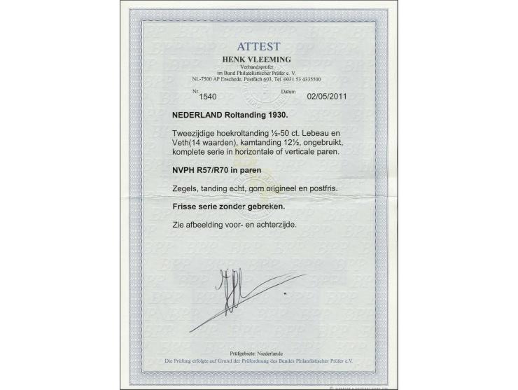 Tweezijdige hoekroltanding ½ t/m 50 cent in paren met certificaat Vleeming 2011, nr. R65 glimplekje in gom, cat.w. 500+